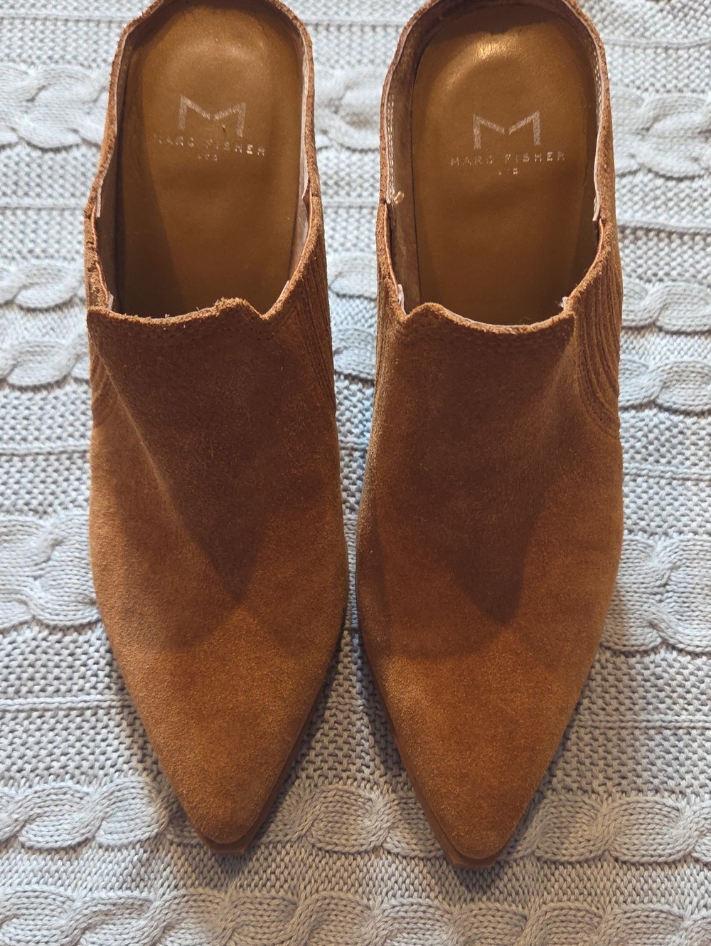 Marc Fisher Gabbi Tan Suede Pointed Snip-Toe Block Heel Slide-On Mule Booties 7 - Picture 4 of 7